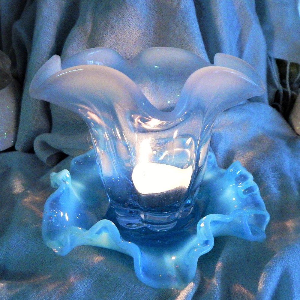 1930s Duncan & Miller Blue Opalescent Canterbury Rose Bowl-Vase w Fenton Coaster